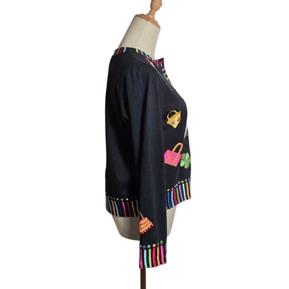 Michael Simon Colorful Embroidered Black Cardigan - Picture 2 of 6